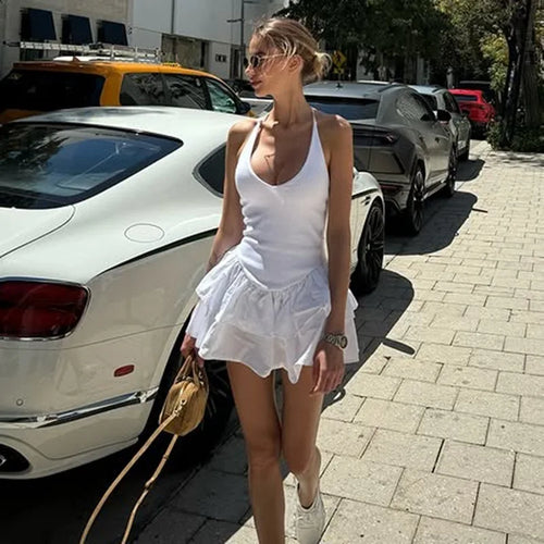 Load image into Gallery viewer, Halter V Neck Ruffle Mini Dress Women Robe Summer New Patchwork Spaghetti Strap Sleeveless High Waist A-line Dress
