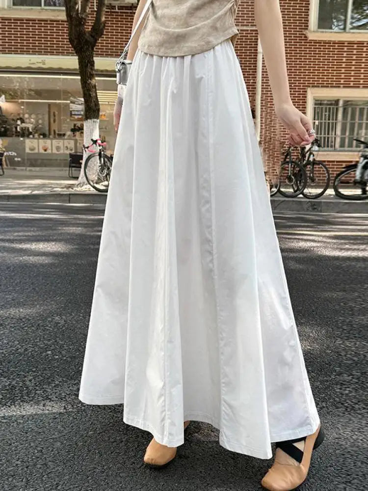 Spring Summer Women Black White Elegant Oversized Long Skirt French Fashion Brown High Waist Vacation Pleated Half Skirt Popular
