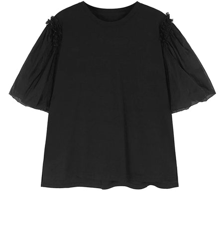 Women Apricot Mesh Spliced Big Size Elegant T-shirt New Round Neck Short Puff Sleeve Fashion Spring Summer 20251DJ0891