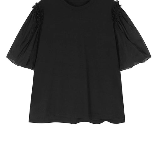 Load image into Gallery viewer, Women Apricot Mesh Spliced Big Size Elegant T-shirt New Round Neck Short Puff Sleeve Fashion Spring Summer 20251DJ0891
