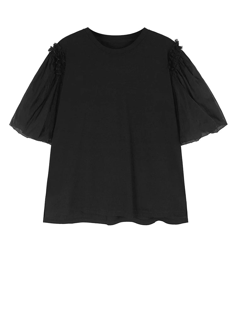 Women Apricot Mesh Spliced Big Size Elegant T-shirt New Round Neck Short Puff Sleeve Fashion Spring Summer 20251DJ0891