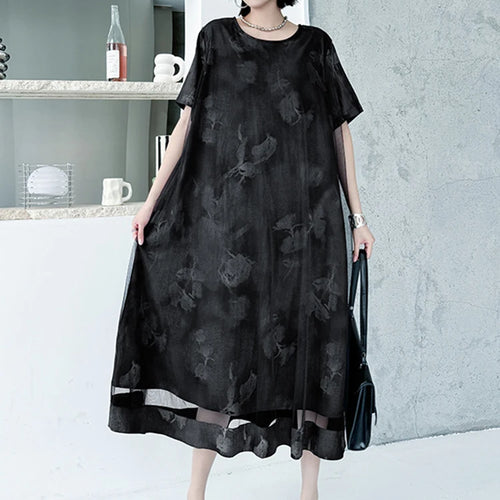 Load image into Gallery viewer, Women Black Printed Mesh Spliced Big Size Midi Dress New Round Neck Short Sleeve Fashion Tide Spring Summer 2025 1DJ0850
