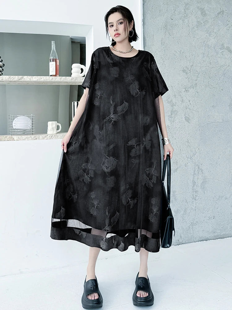 Women Black Printed Mesh Spliced Big Size Midi Dress New Round Neck Short Sleeve Fashion Tide Spring Summer 2025 1DJ0850