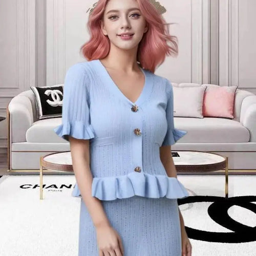 Load image into Gallery viewer, Women Black White V-neck Single Breasted Ruffles Knitted Dresses For Fashion Spring Summer Blue Elegant Short Sleeved Long Dress
