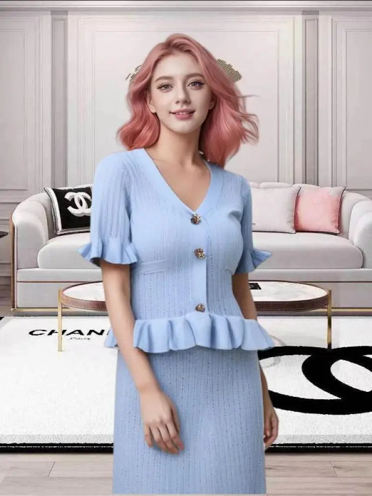 Women Black White V-neck Single Breasted Ruffles Knitted Dresses For Fashion Spring Summer Blue Elegant Short Sleeved Long Dress