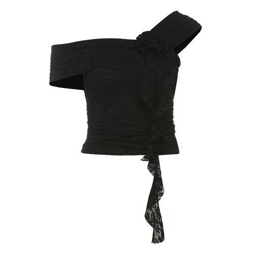 Load image into Gallery viewer, Y2k Aesthetic Lace Jacquard Vintage Tees 2025 Streetwear Fairy Slash Neck Cropped Tshirts Women Harajuku Grunge 3D Flower Tops
