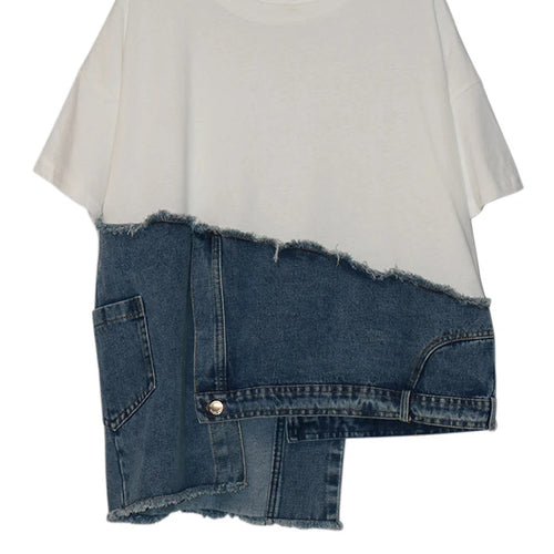 Load image into Gallery viewer, Women White Denim Irregular Big Size Casual T-shirt New Round Neck Short Sleeve Fashion Tide Spring Summer 2025 1DJ0557
