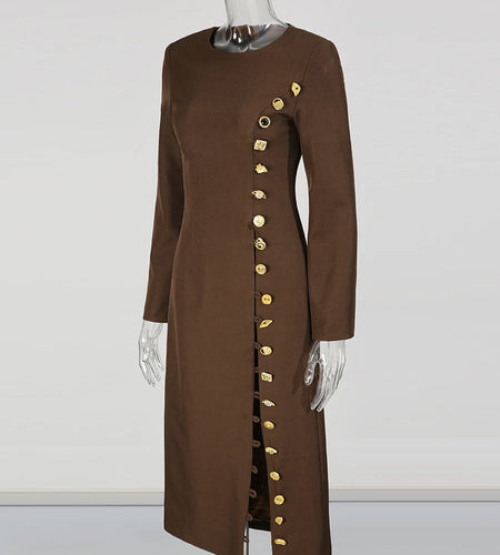 Solid Slimming Spliced Breasted Fashion Dresses for Women Round Neck Long Sleeves High Waist Dress Female Clothing