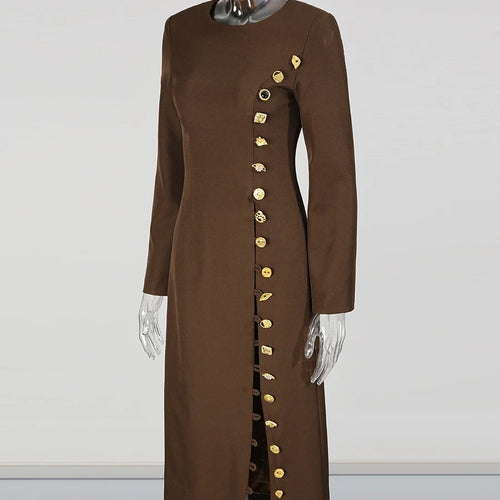 Load image into Gallery viewer, Solid Slimming Spliced Breasted Fashion Dresses for Women Round Neck Long Sleeves High Waist Dress Female Clothing
