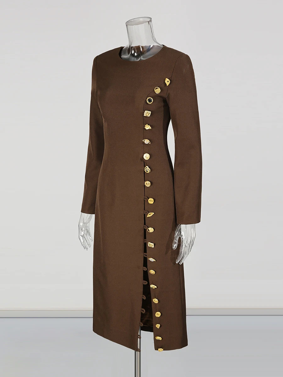 Solid Slimming Spliced Breasted Fashion Dresses for Women Round Neck Long Sleeves High Waist Dress Female Clothing