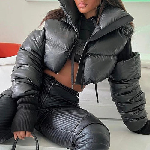 Load image into Gallery viewer, Streetwear Black Turtleneck Autumn Winter Jacket Women Zip-Up Puffer Parka Coat Crop Cold Shoulder Fashion Outerwear
