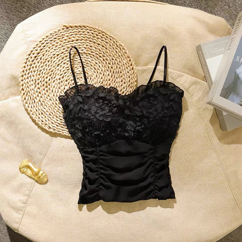 y2k Camisole Women Clothes 3D Flower Frill Trim Scoop Neck Spaghetti Strap Backless Padded Crop Tops 2000s Clothing