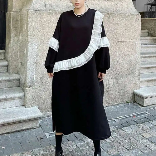 Load image into Gallery viewer, Women Black Ruffles Spliced Big Size Long Casual Dress New Round Neck Long Sleeve Fashion Tide Spring Autumn 2025 1DH7701
