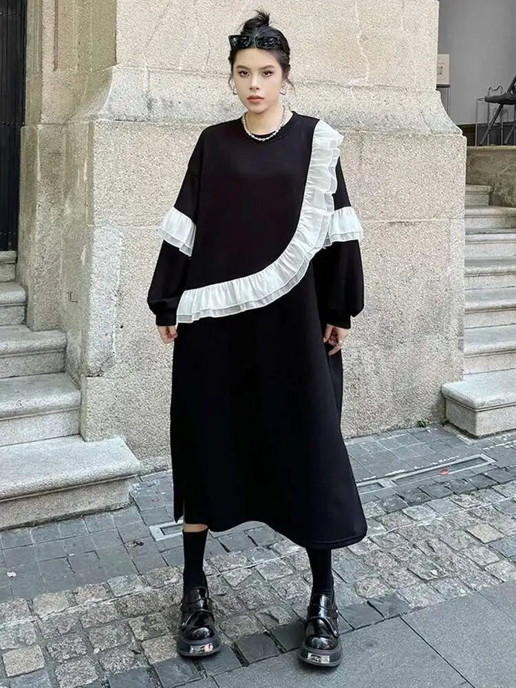 Women Black Ruffles Spliced Big Size Long Casual Dress New Round Neck Long Sleeve Fashion Tide Spring Autumn 2025 1DH7701