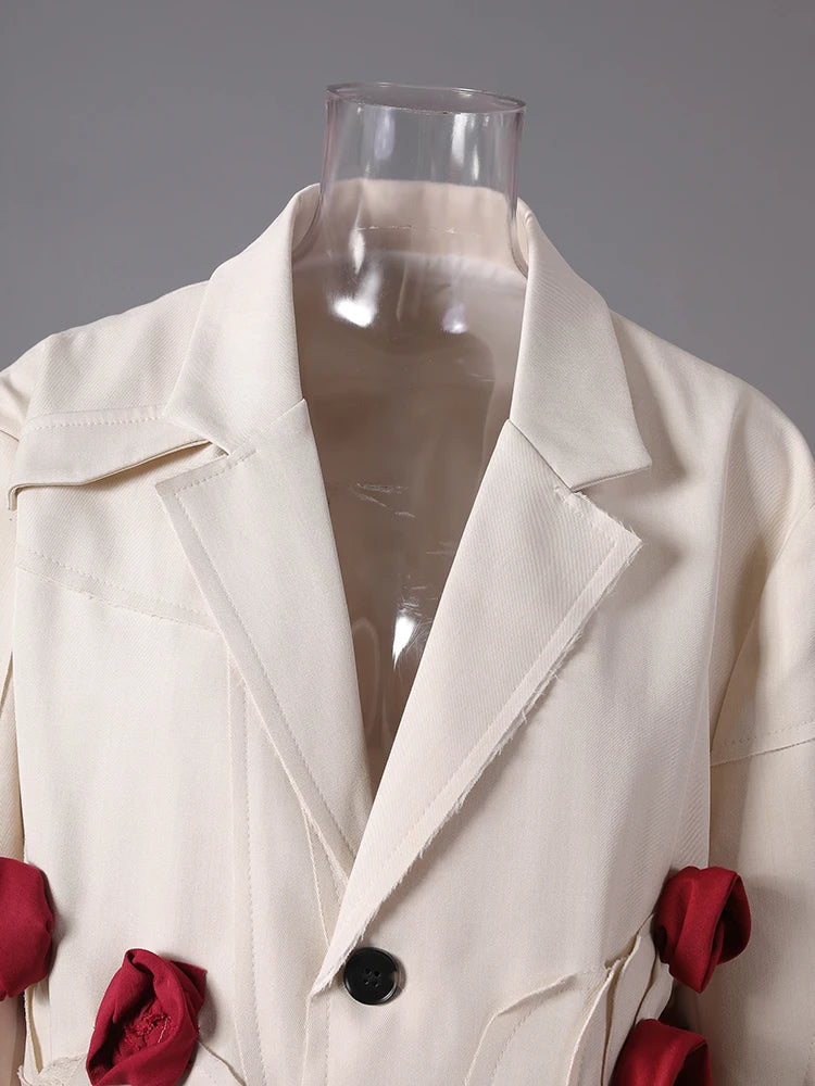 Women Beige Flower Ribbon Big Size Vintage Blazer New Lapel Long Sleeve Jacket Fashion Tide Spring Autumn 2025  CPG2872