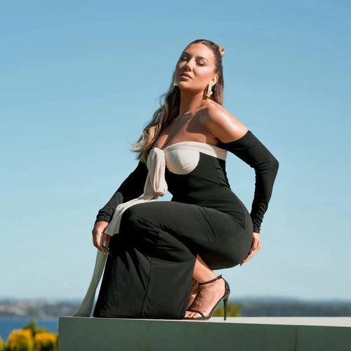 Load image into Gallery viewer, Patchwork Off-shoulder Sexy Maxi Dress For Women Gown Contrast Color Strapless Long Sleeve Bodycon Sexy Long Dress
