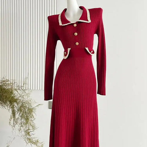 Load image into Gallery viewer, Korean Fashion Women's Autumn Winter Solid Single Breasted Elegant Slim Knitted Sweater Dress New Long Sleeved Temperament Dress
