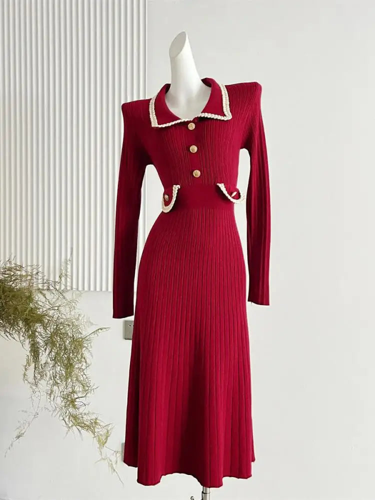 Korean Fashion Women's Autumn Winter Solid Single Breasted Elegant Slim Knitted Sweater Dress New Long Sleeved Temperament Dress