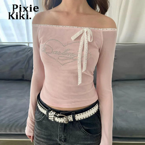 Load image into Gallery viewer, Y2k Lace Bow Rhinestone Mesh Pink Shirts Crop Tops Women 2024 Fall Kawaii Off Shoulder Long Sleeve Tees P84-BI10
