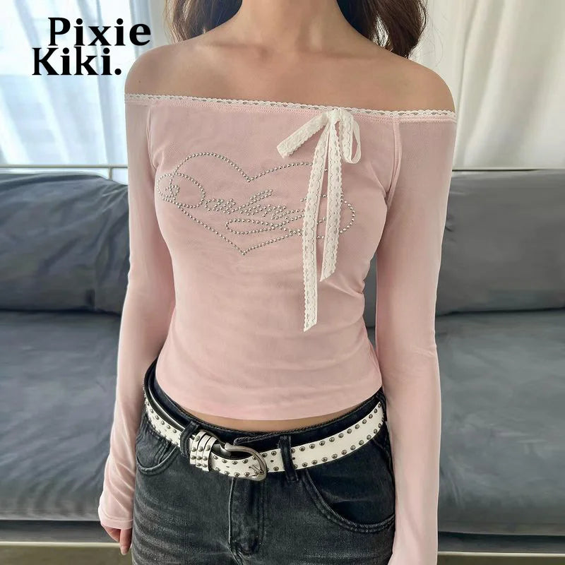 Y2k Lace Bow Rhinestone Mesh Pink Shirts Crop Tops Women 2024 Fall Kawaii Off Shoulder Long Sleeve Tees P84-BI10