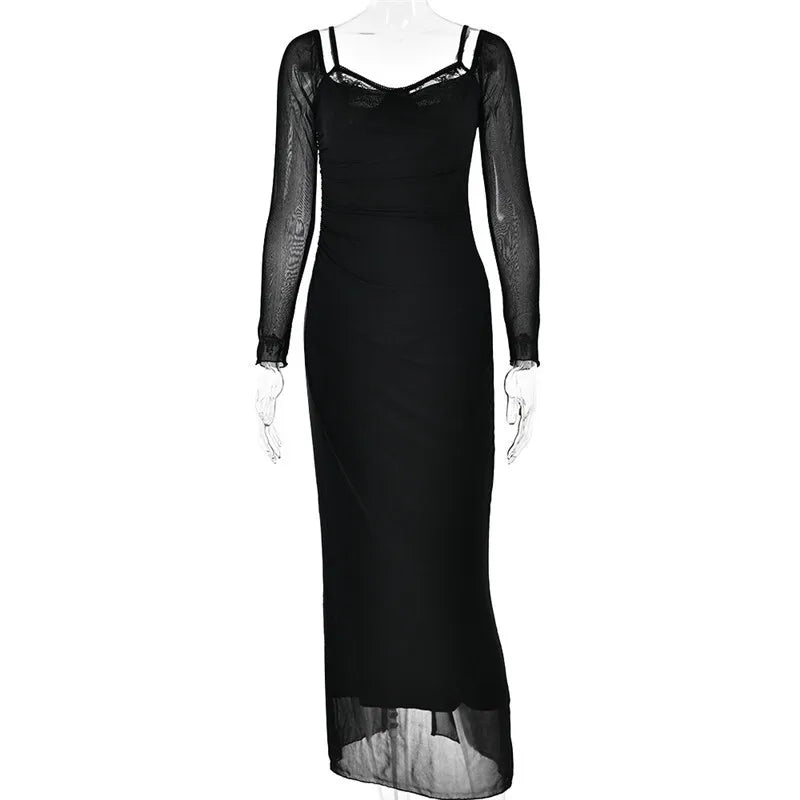 Elegant Sheer Long Sleeve Sexy Maxi Dress For Women Fashion Mesh Strapless Backless Club Party Sexy Long Dress New