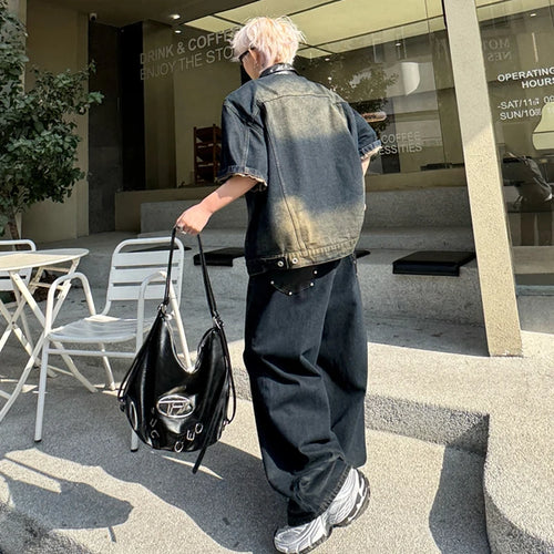 Load image into Gallery viewer, Men&#39;s Pants Set New Summer Split Leather Rivet Short Sleeve Denim Jacket Male Loose Gradient Color Tredny Trousers 9W1792
