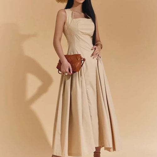 Load image into Gallery viewer, Solid Spliced Folds Long Dresses for Women Square Collar Sleeveless High Waist Minimalist Dress Female New
