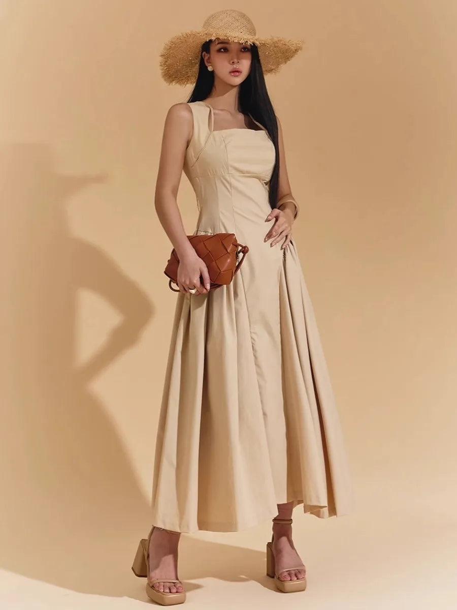 Solid Spliced Folds Long Dresses for Women Square Collar Sleeveless High Waist Minimalist Dress Female New