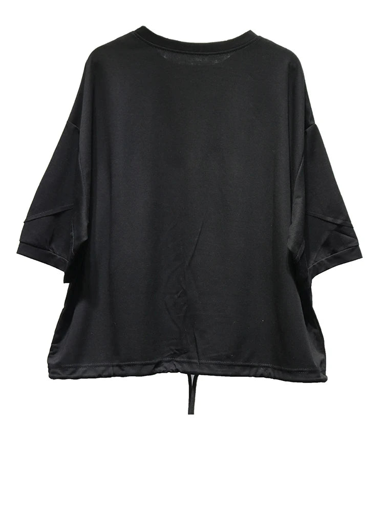 Women Black Hem Drawstring Spliced Big Size T-shirt New Round Neck Short Sleeve Fashion Tide Spring Summer 2025 1DJ1221