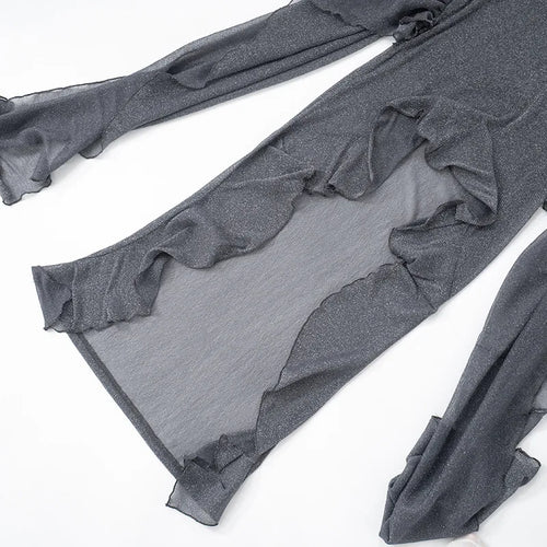 Load image into Gallery viewer, Mesh See Through Ruffled Sexy Maxi Dress For Women Gown Gray Off-shoulder Strapless Backless Ruched Long Dress Vestido
