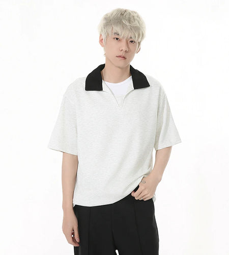 Niche Design Men's Tees Contrast Color Patchwork Turn-down Collar T-shirts Short Sleeved Casual Male Tops Summer 9W1259