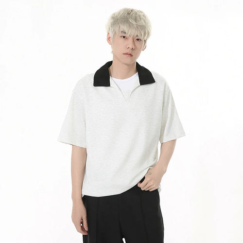 Load image into Gallery viewer, Niche Design Men's Tees Contrast Color Patchwork Turn-down Collar T-shirts Short Sleeved Casual Male Tops Summer 9W1259
