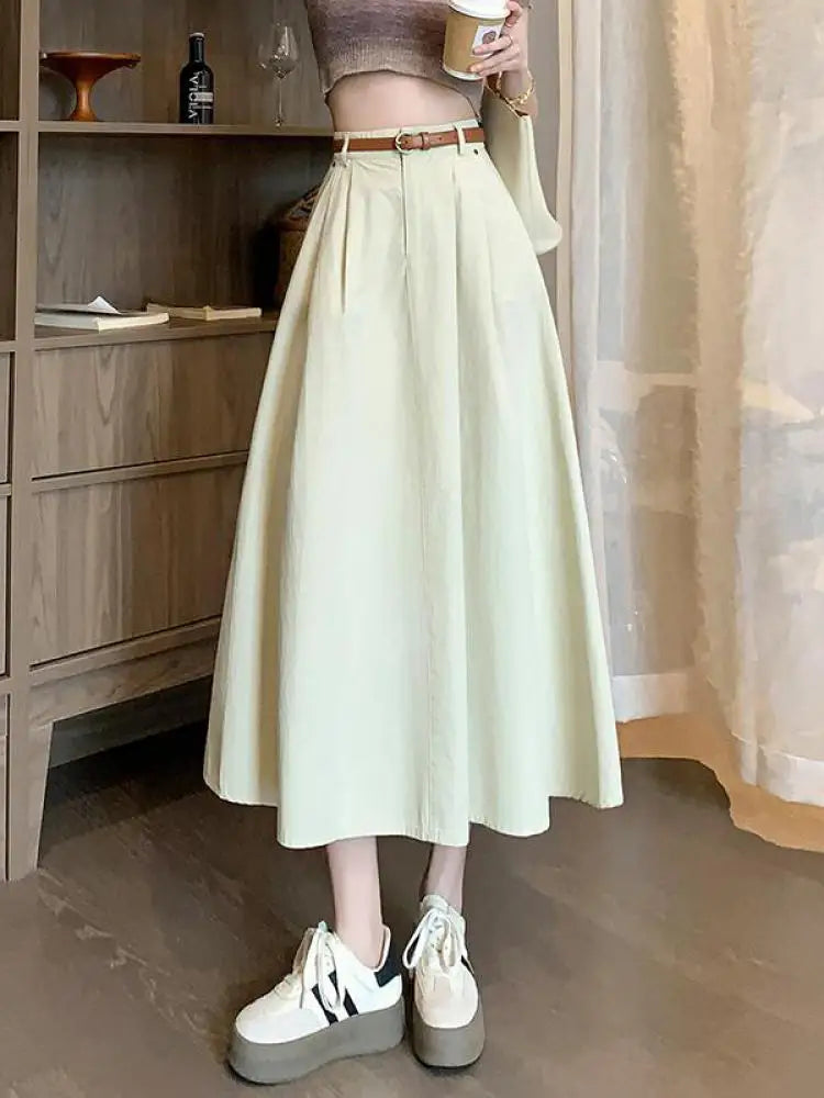 French Fashion Women's Black Beige Elegant Pleated Long Skirt Spring Summer Khaki High Waist Pocket Skirts Popular Versatile New