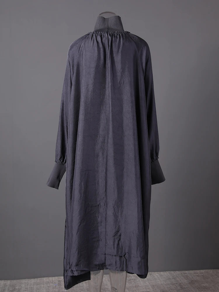 Women Gray Brief Long Big Size Elegant Dress New Turtleneck Long Sleeve Loose Fit Fashion Tide Spring Autumn 2025 1DH0252