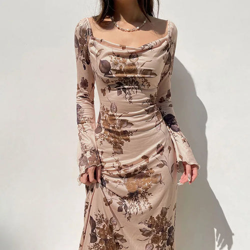 Load image into Gallery viewer, Vintage Fashion Square Neck Long Dress Female Y2K Flowers Printed Elegant Autumn Dress 2000s Aesthetic Party Clothing
