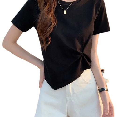 Load image into Gallery viewer, Y2K Irregular T-shirt Women Summer Skinny T Shirt Femme Solid Short Sleeve Korean Kpop Slim O-Neck Tshirt Woman Clothes Top
