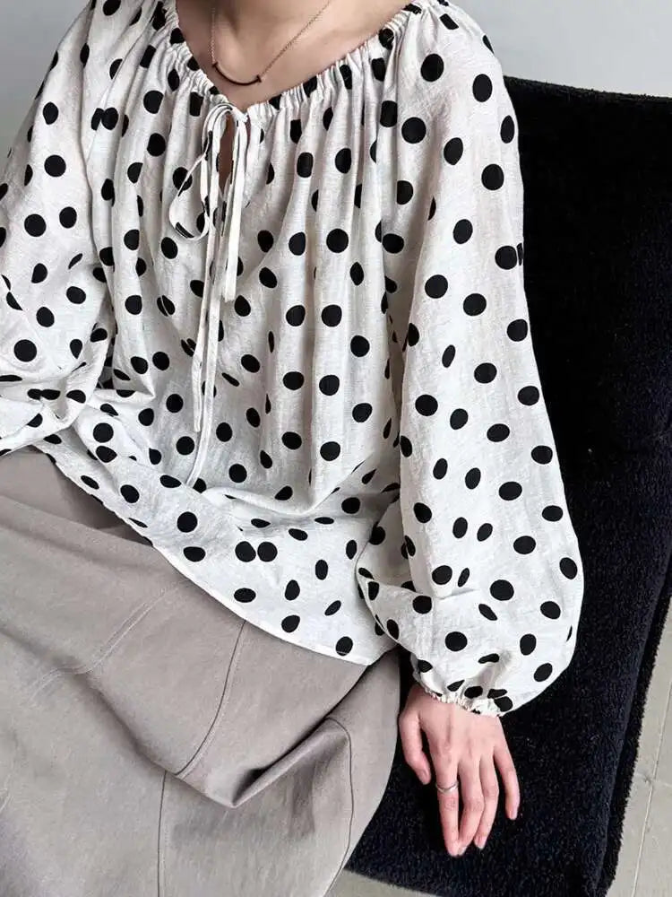 Women Black Dot Printed Big Size Elegant Blouse New Round Neck Long Sleeve Shirt Fashion Tide Spring Autumn 2025 1DH9976