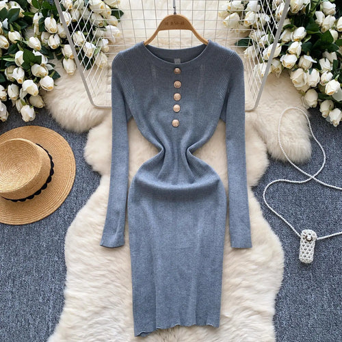 Load image into Gallery viewer, Retro 2024 Autumn Winter New Solid Long Sleeves Mini Dress Women's Elegant Office Lady Button Short Knit Dress Popular Clothing
