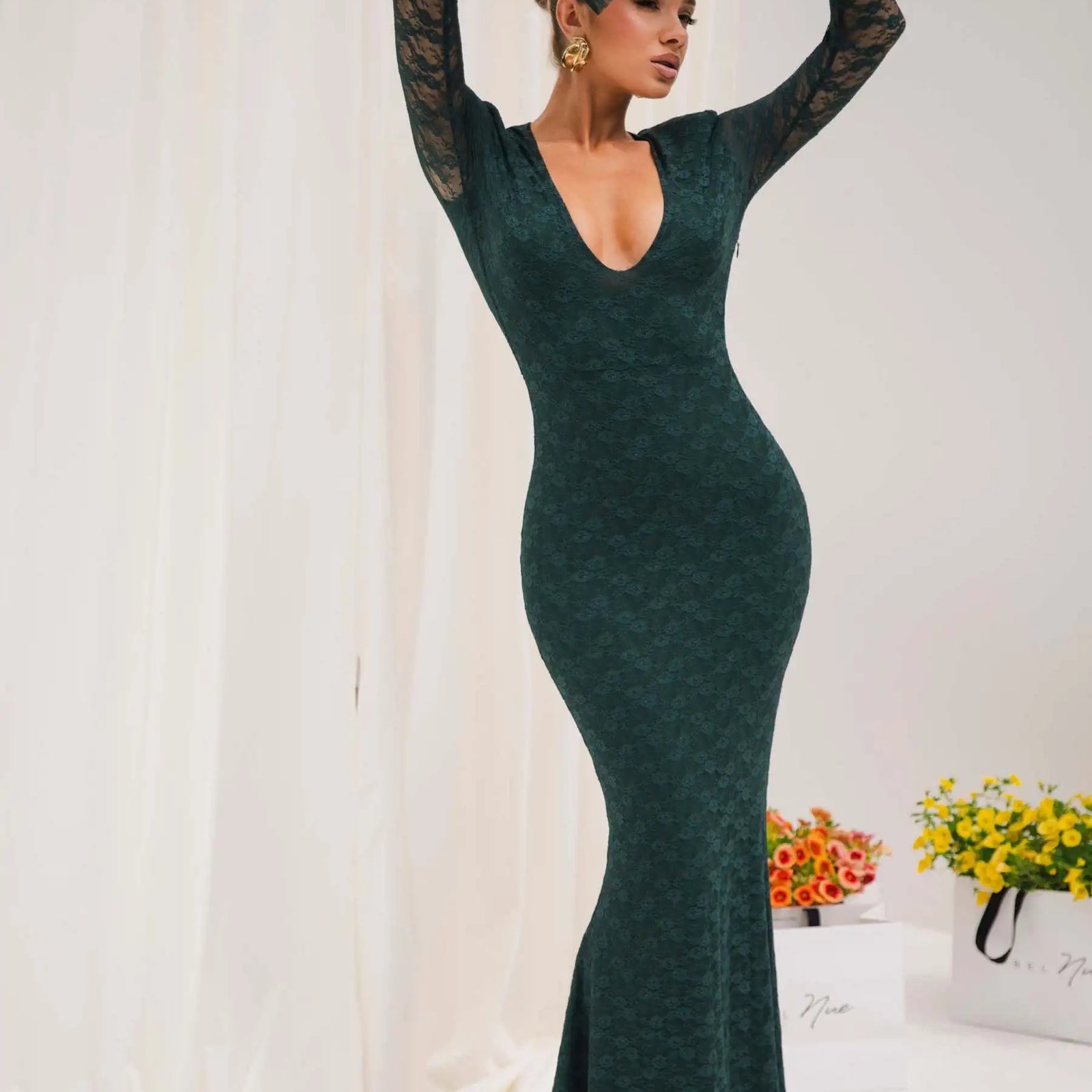 Sexy Lace Patchwork Tight Elastic Dress For Women Deep V Flared Long Sleeves Maxi Vestidos Elegant Party Clubwear 2024