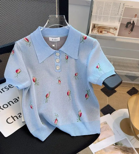 Vintage Women's Sweet Elegant Blue Print Short-sleeved Button Tops Summer New Polo Collar Festival Knitted T-shirt Popular Trend