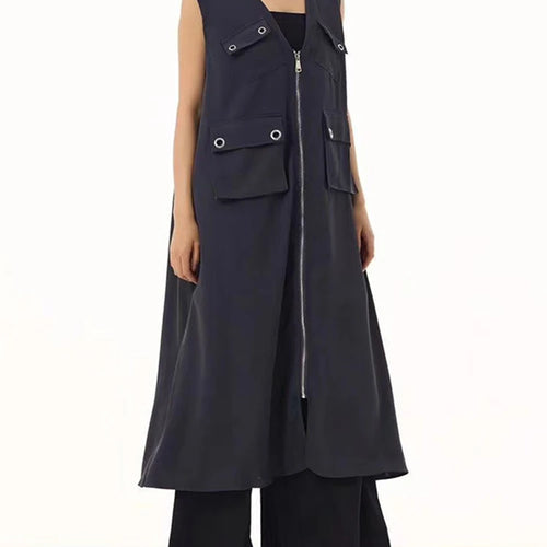 Load image into Gallery viewer, Women Black Zipper Pockets Spliced Big Size Midi Vest Dress New V-Neck Sleeveless Fashion Tide Spring Autumn 2025  1DJ1194
