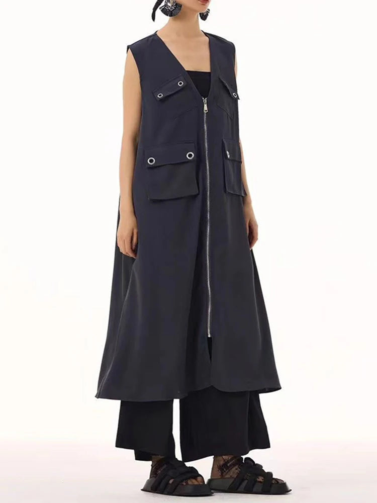 Women Black Zipper Pockets Spliced Big Size Midi Vest Dress New V-Neck Sleeveless Fashion Tide Spring Autumn 2025  1DJ1194