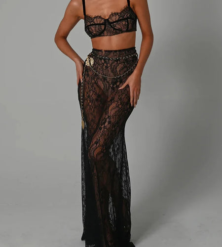 See Through Lace Two Piece Skirt Sets Women Crop Top And Maxi Skirt Sets Elegant Party Beach Sexy Two Piece Set