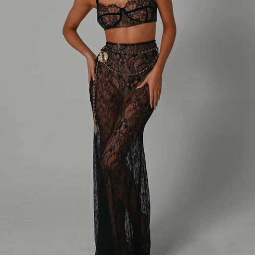 Load image into Gallery viewer, See Through Lace Two Piece Skirt Sets Women Crop Top And Maxi Skirt Sets Elegant Party Beach Sexy Two Piece Set
