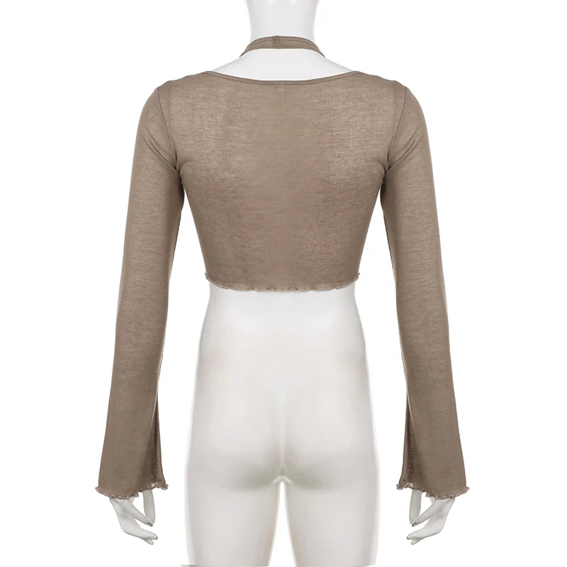Vintage Y2K Flare Sleeve Female T-shirt Spring Autumn Halter Neck Lace Up Crop Tops Slim Irregular Hem Shirt Clothes