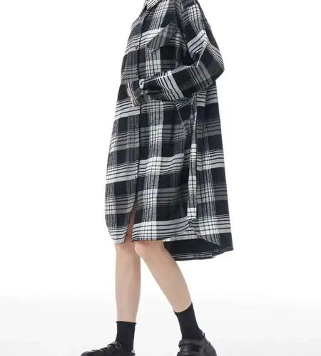 Women Plaid Big Size Knee-Length Shirt Dress New Lapel Long Sleeve A-line Loose Fit Fashion Spring Autumn 2025 1DH2091