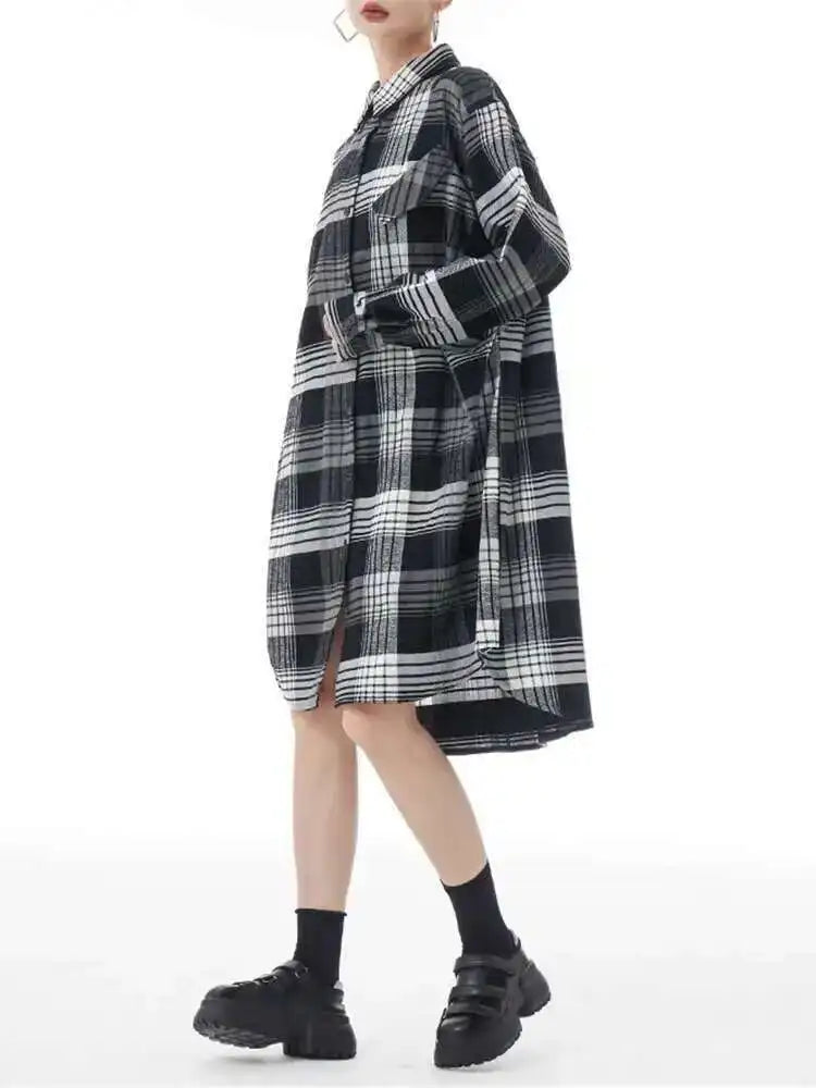 Women Plaid Big Size Knee-Length Shirt Dress New Lapel Long Sleeve A-line Loose Fit Fashion Spring Autumn 2025 1DH2091