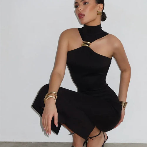 Load image into Gallery viewer, Turtleneck Off-shoulder Sexy Maxi Dress Women Gown Summer New Ring Metal Sleeveless Backless Skinny Knit Long Dress
