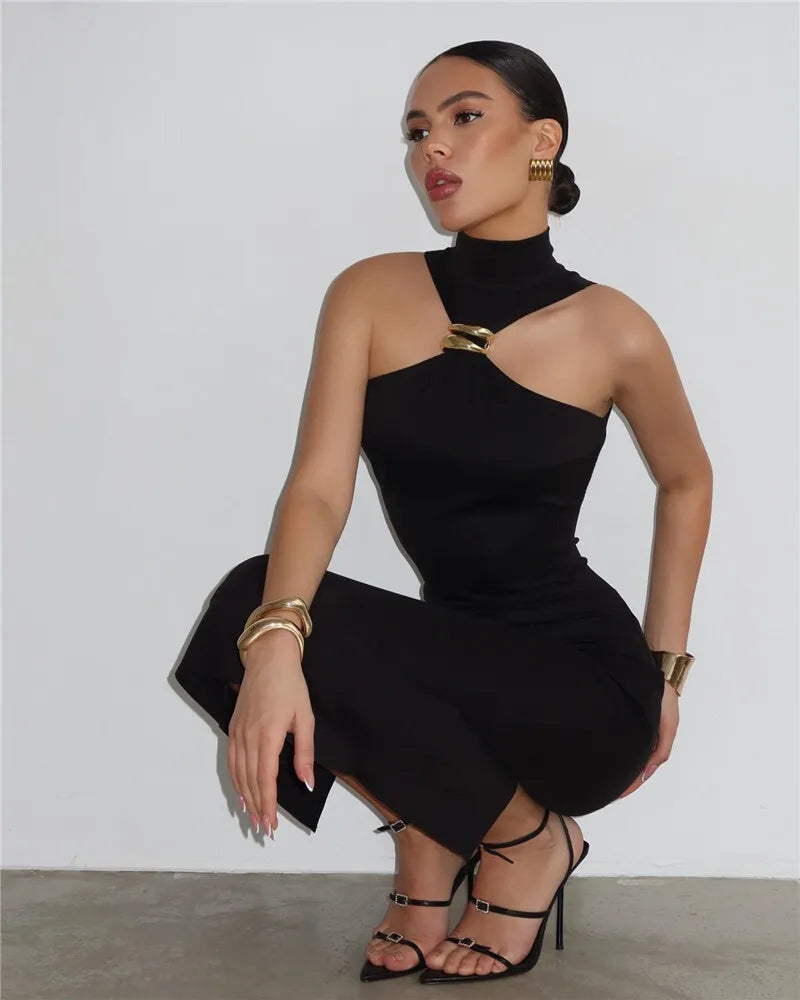 Turtleneck Off-shoulder Sexy Maxi Dress Women Gown Summer New Ring Metal Sleeveless Backless Skinny Knit Long Dress