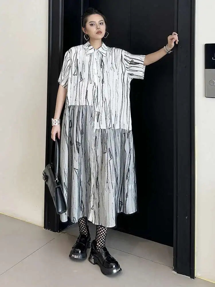 Women Black White Tie Dye Mesh Big Size Midi Shirt Dress New Lapel Short Sleeve Fashion Tide Spring Summer 2025 1DH5962